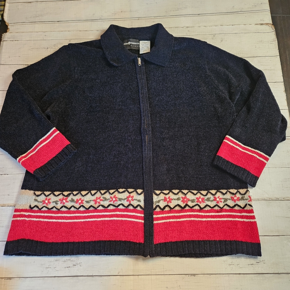 Sag Harbor Women's 1X Zip-Up Cardigan Sweater Navy Red White Knit Holiday